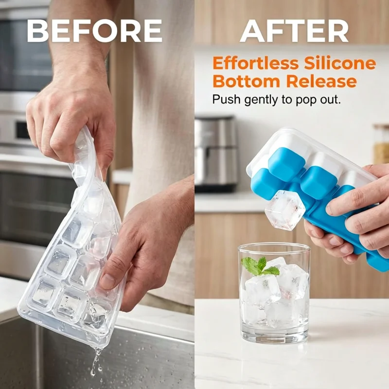 Ice Cube Trays with Storage Bin&Scoop,4 Pack 48 Cubes Stackable Silicone Trays for Freezer with Lid Party Cocktail Coffee (Blue)