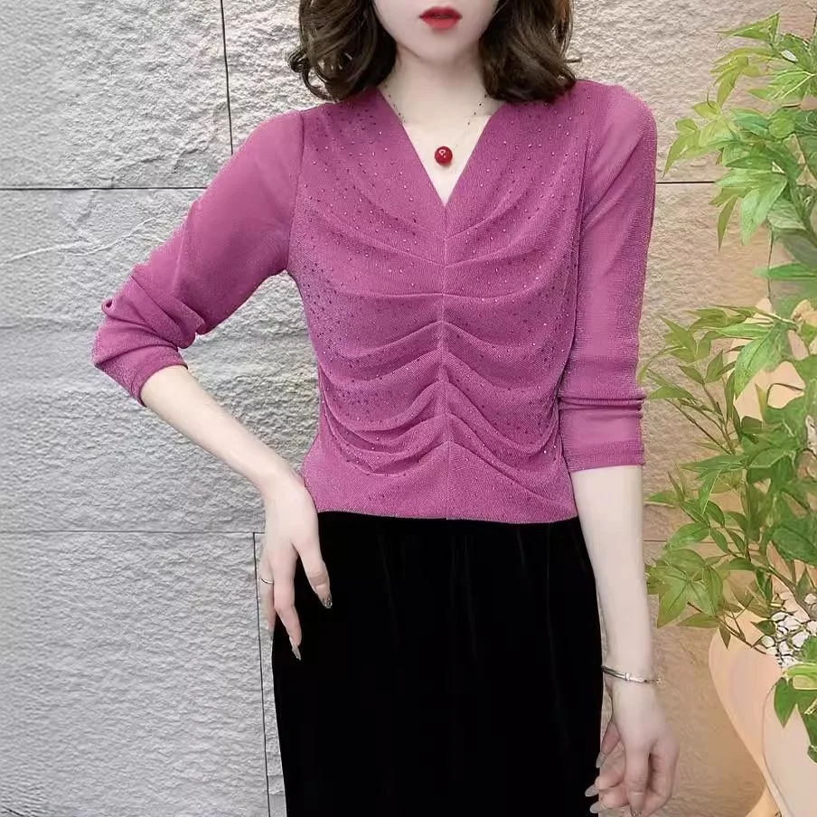 Spring 2025 New Fashion Long Sleeve V-Neck Elastic Mesh Gathered Drill Mommy Style Top Women's T-Shirt Elegant Casual Wear