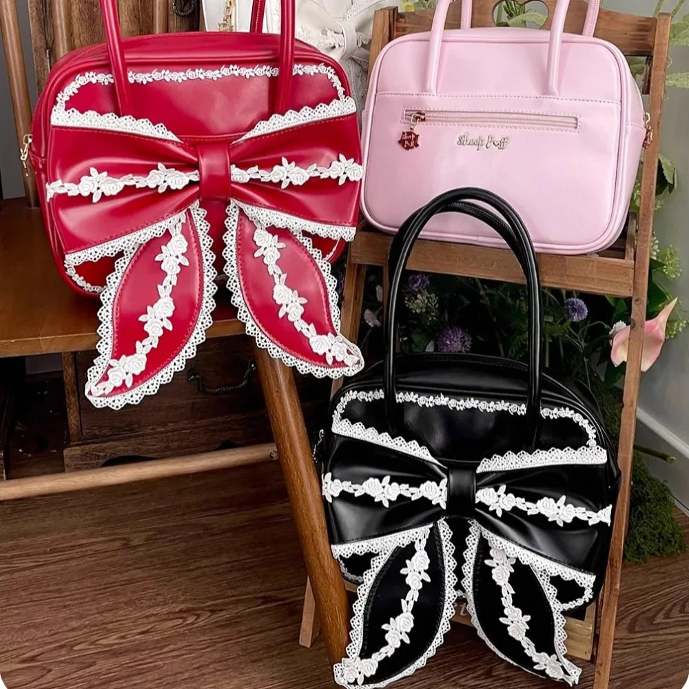

Lolita Lace Bow Tote Bag Original Sac Femme Small Square Bolso Hit Color Hand Bags for Woman Sweet Cool Girls Bolsos De Mujer