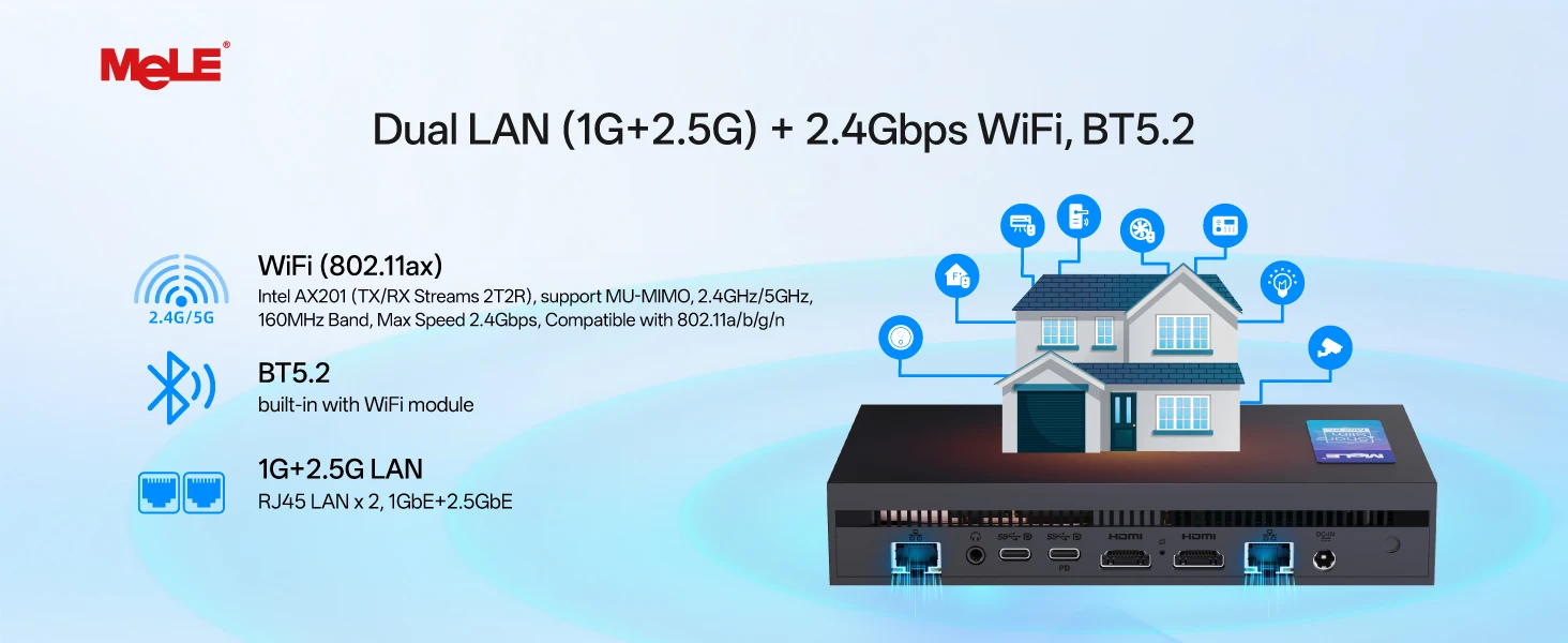 MeLE Overclock X5 MiniPC Core-i5 1235U 16GB RAM 512GB SSD, Dual Ethernet Port, 2×M.2 Slot, HDMI×2/USB-C*2/4K Desktop Computer