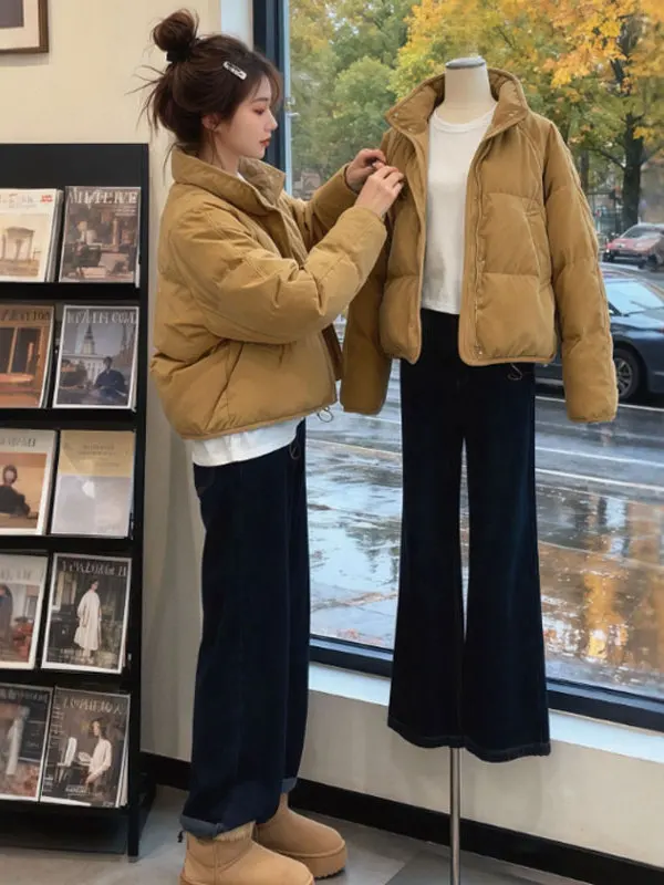 

Korean Sle ort Cotton Jaet Women's Faionable Trendy Coat Warm Comfortable Loose Fit Zipper Closure Cotton Inner Liner