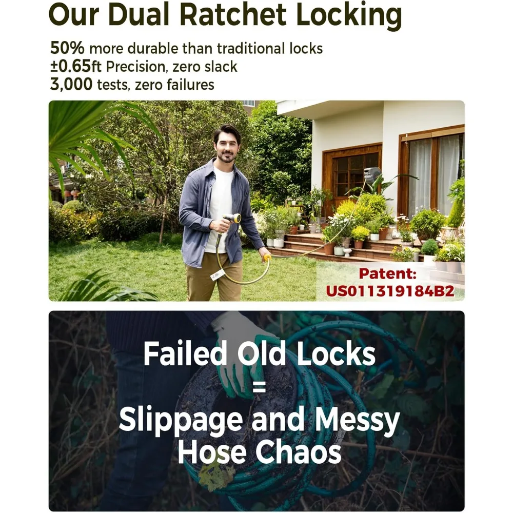 Carretel retrátil de mangueira de jardim, 1/2 pol. x 130 pés, 255, trava de catraca atualizada, proteção contra UV e congelamento, vedação de latão, retração lenta