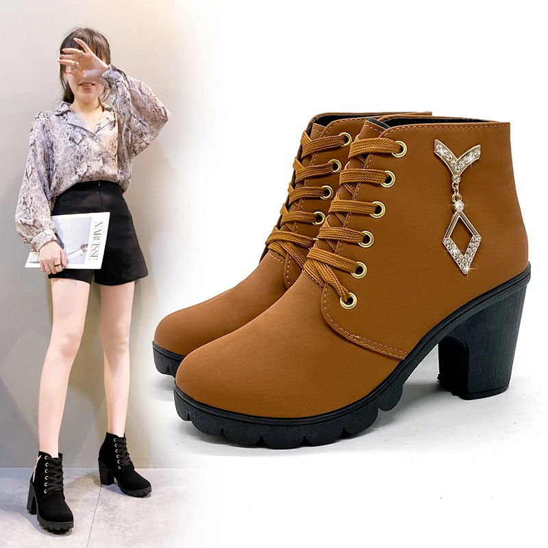 2025Botines De tacón alto para Mujer, botines De Otoño Invierno, zapatos De señora nueva a la moda, Botas cortas marrones y negras, Botas De Mujer