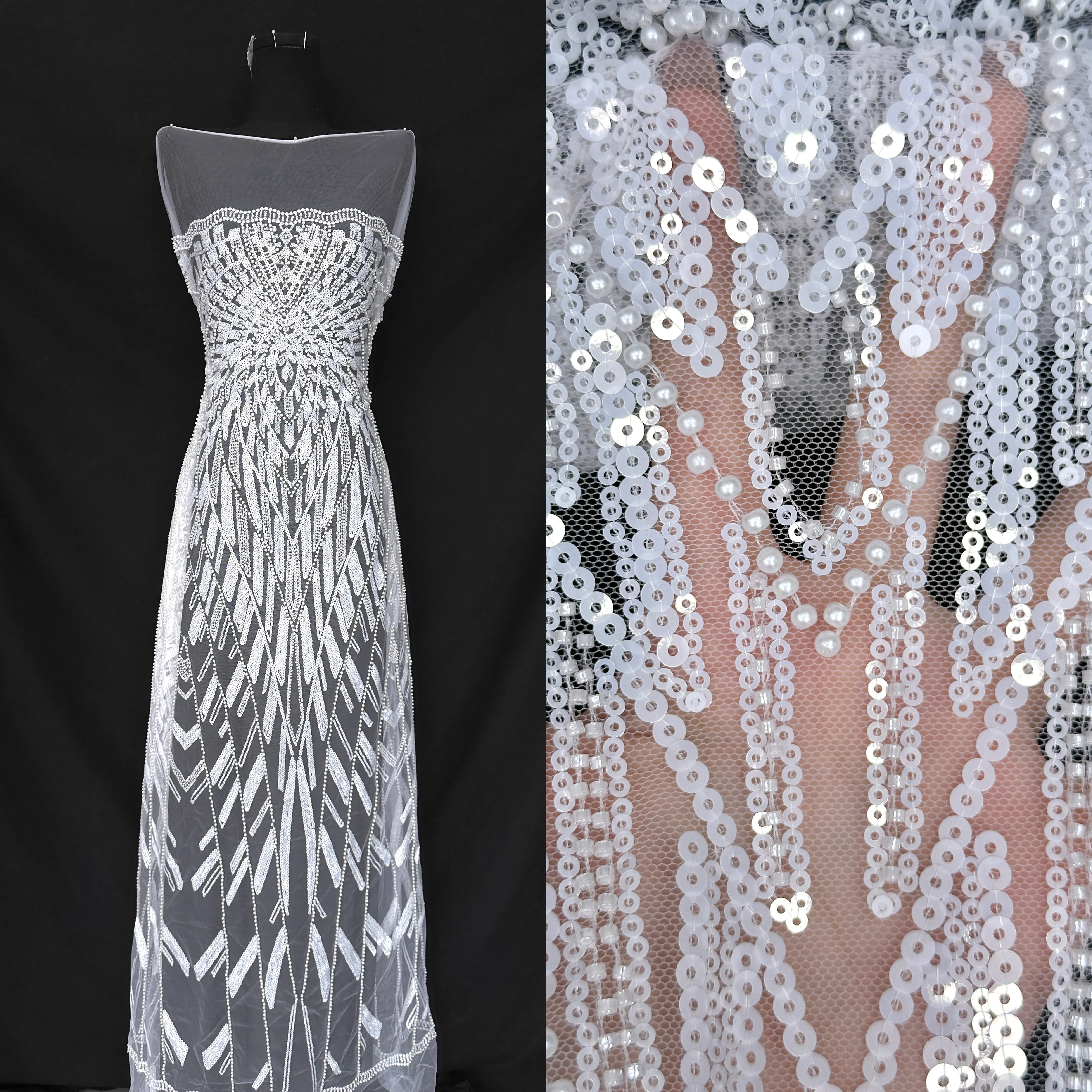 

Luxury High-End Handmade Sequins Beaded Lace Fabric Embroidery French Lace Wedding Dress Embroidered Tulle Fabric