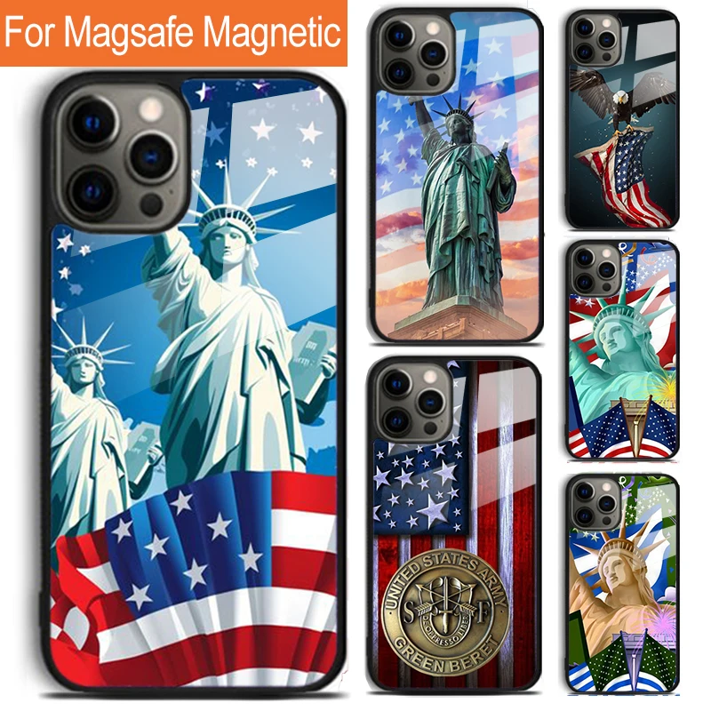 America Flag Statue of Liberty Phone Case For iPhone 16 15 14 13 12 11 Pro Max Plus Magsafe Magnetic Wireless Charging Cover