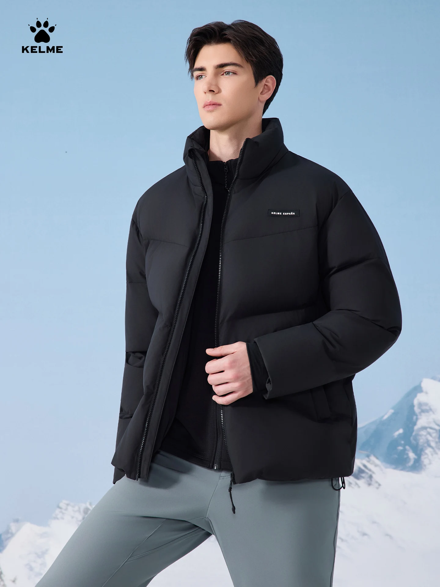 Kelme Jaqueta masculina de algodão térmico com gola alta, roupa externa casual solta e à prova de vento com forro de lã conjunto esportivo