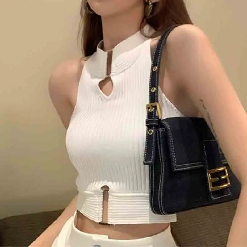 Tank Top Women White Black 2024 Summer New Casual Fitness Short Vest Tees Fashion Knitted Off Shoulder Sexy Crop Tanks Top Woman