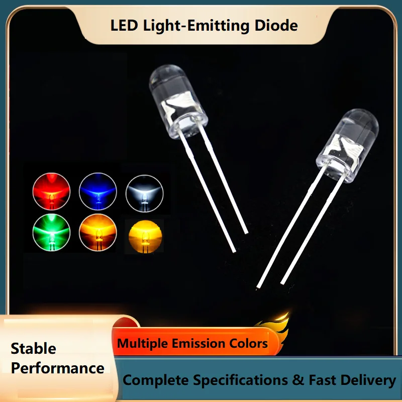 100PCS LED F5 Water Clear round 5mm Light Emitting Diodes Assorted Colors (Red Blue Green Orange Yellow White)