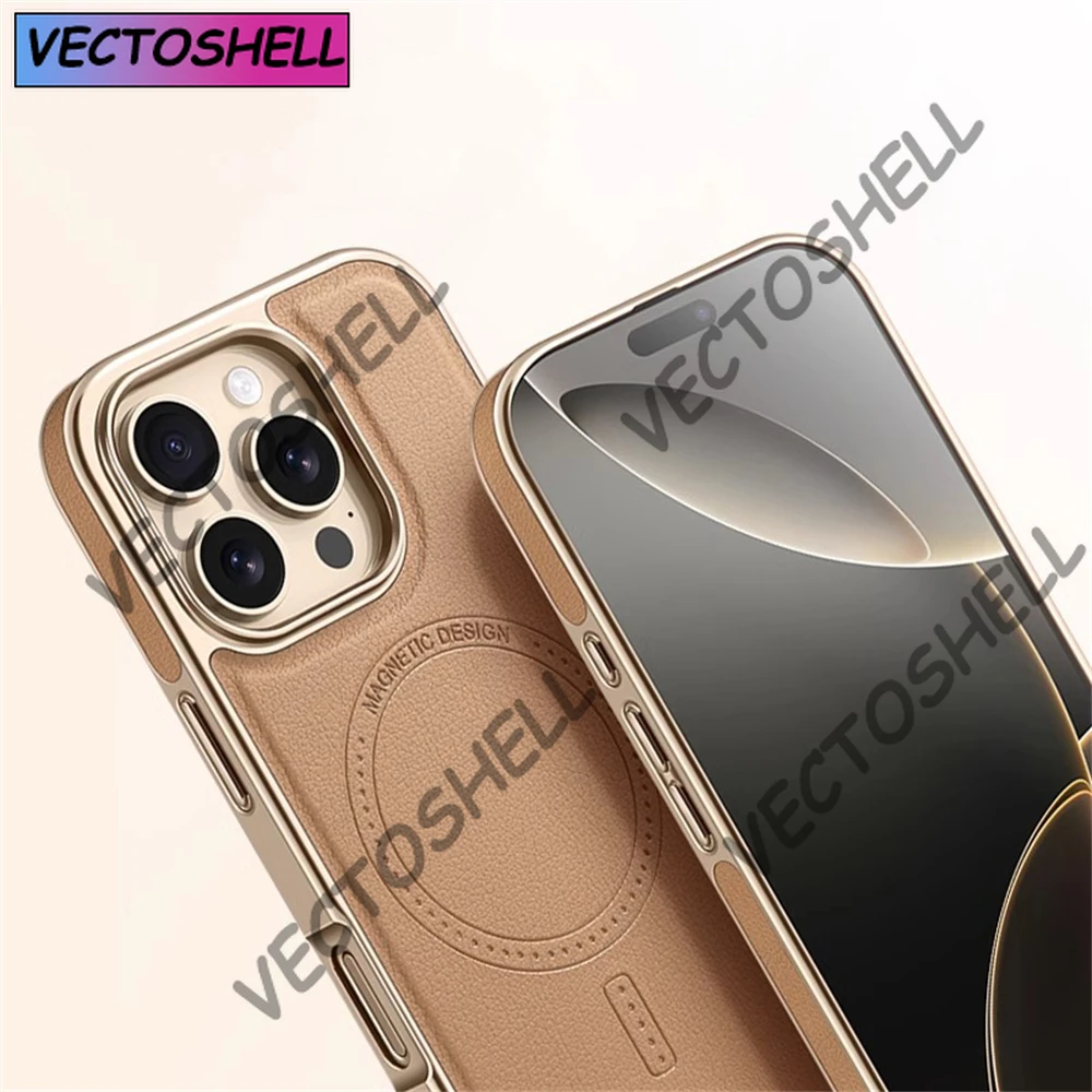 Casing Kulit Bingkai Lembut Berlapis Bisnis Mewah untuk iPhone 16 13 14 15 Pro Max Magsafe Penutup Tahan Benturan Pengisi Daya Nirkabel Magnetik