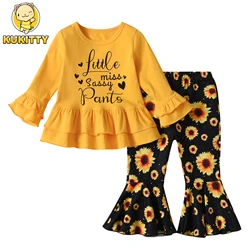 Spring Autumn Children Kid Girl 2PCS Clothes Set Fashion Letters Printed Top and Floral Flared Pants for Toddlers 1 2 3 4 5Y