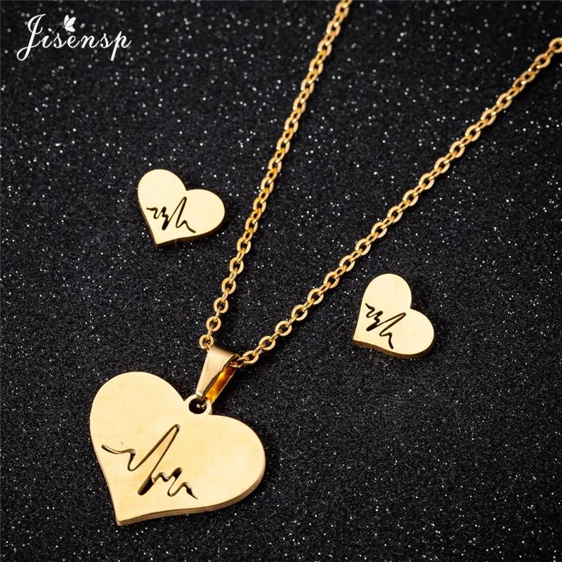 New Fashion Stainless Steel Love Heart Pendant Necklace Earring Women Hollow Electrocardiogram Jewelry Girls Chic Necklaces Gift