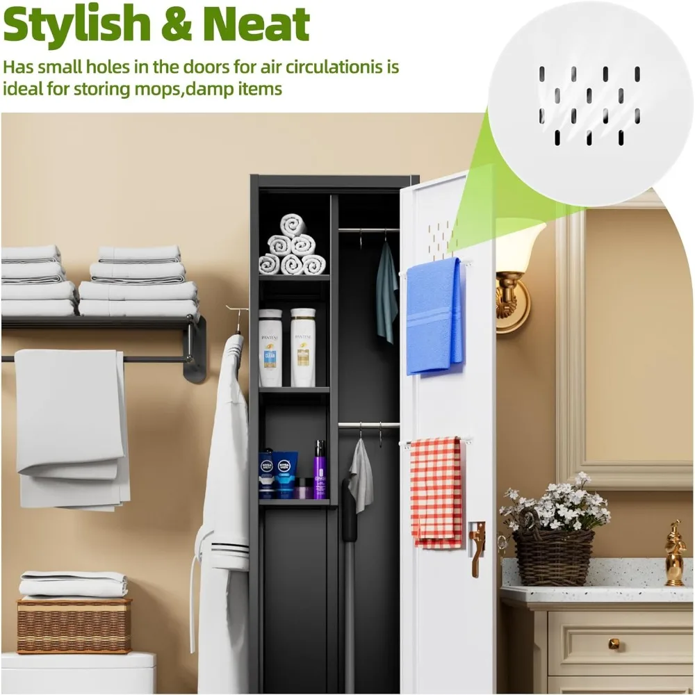 ตู้เก็บของขนาด 72 นิ้ว พร้อมล้อเลื่อน, ตู้เก็บเครื่องมือทำความสะอาดโลหะแบบล็อคได้พร้อมตะขอ, อุปกรณ์ทำความสะอาดสำหรับชั้นวางไม้กวาด