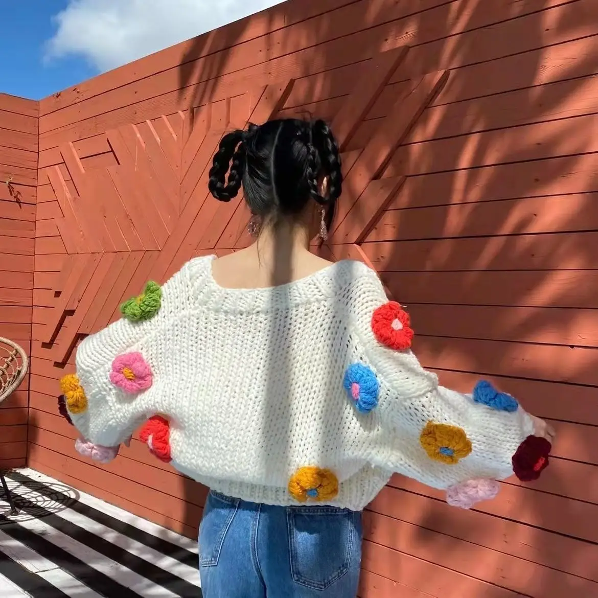 Womens Knit  Cardigan Colorful Big Flower Sweater Short Coat Autumn Winter