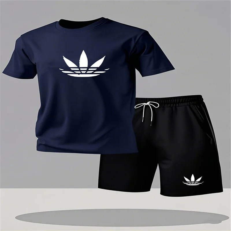 

New summer men's short sleeved T-shirt and shorts set, fashionable casual sports round neck short sleeved T-shirt two-piece set
