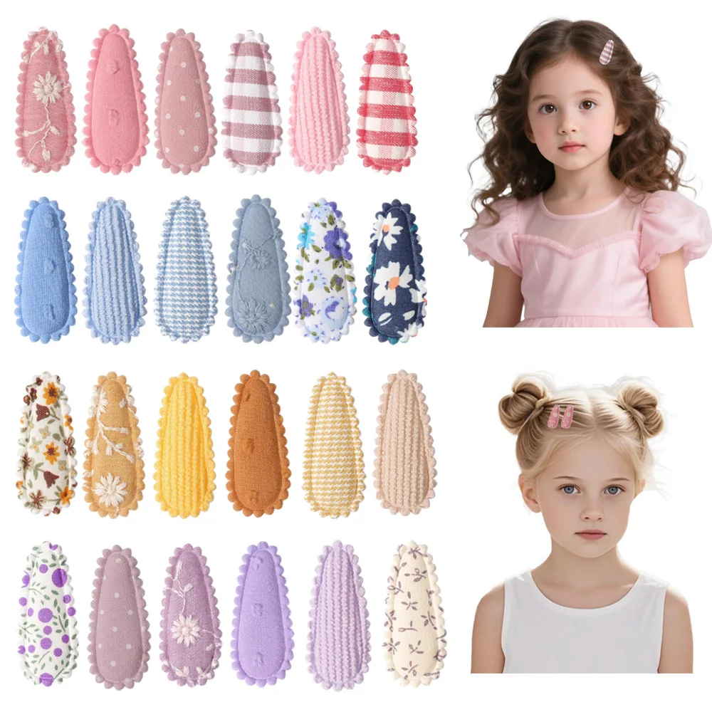 

240 Pcs/Lot, 3.7CM Mini Size Cute Floral Fabric Baby Snap Clip Waterdrop Shape Hairpins Sweet BB Clips
