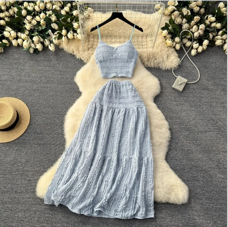 Elegant and Charming 2024 Two Piece Dress Set for Women with Flared Skirt and Solid Color  Top