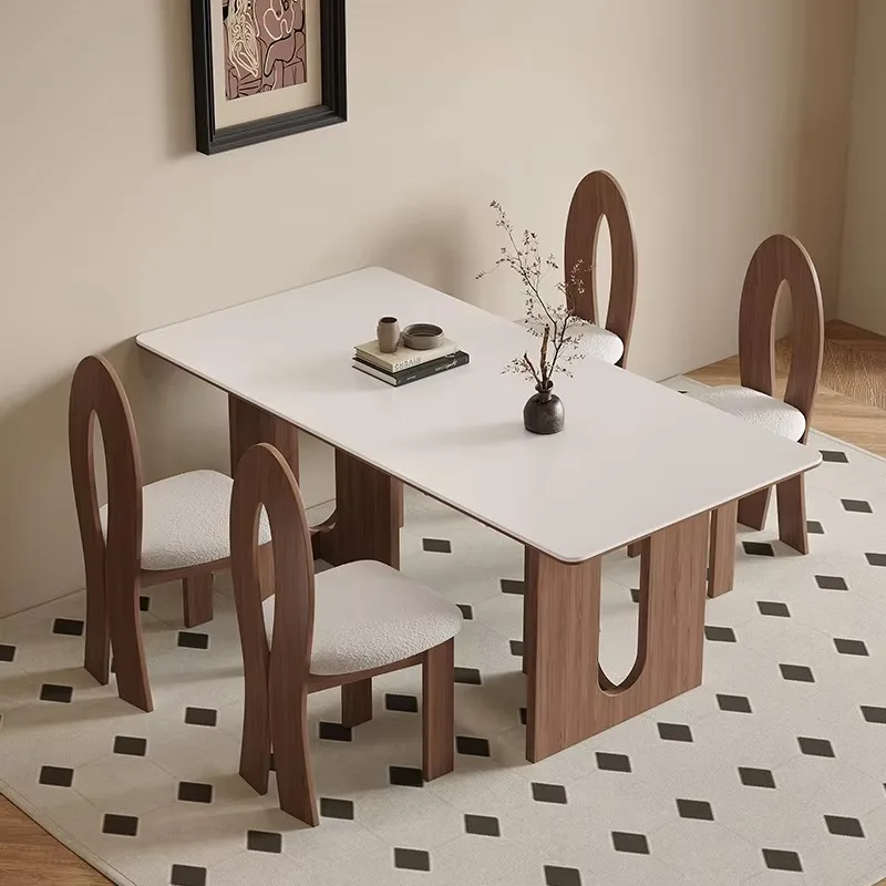 

Роскошный современный дизайнерский обеденный стол с прямоугольной столешницей из белого спеченного камня и деревянным основанием, класса люкс