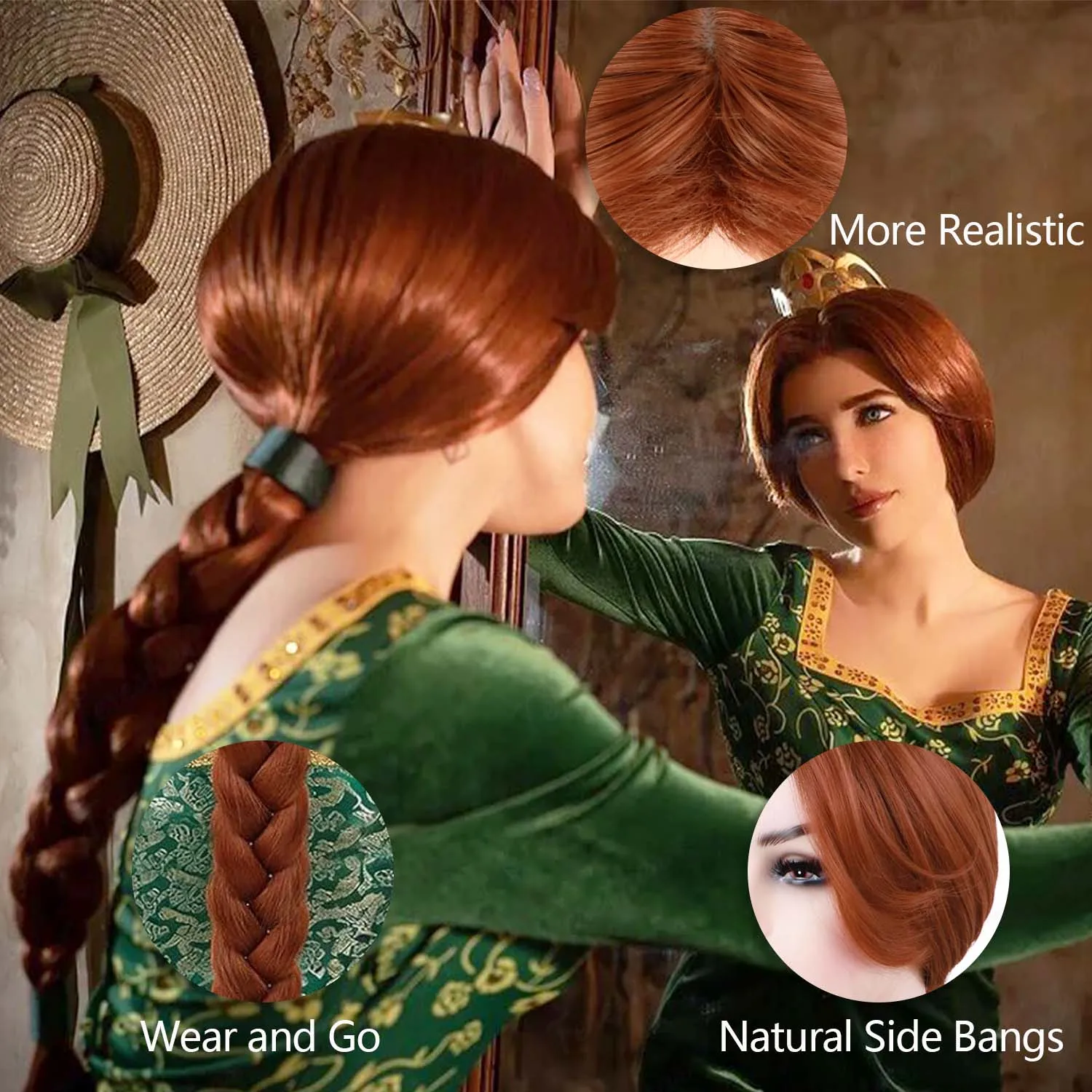 Synthetische lange geflochtene Damen-Kostümperücke, rotbraun, 29,5 Zoll, geflochtene Perücke für Cosplay, Halloween, Anime-Party, Fiona-Prinzessin-Perücke – Detail 3