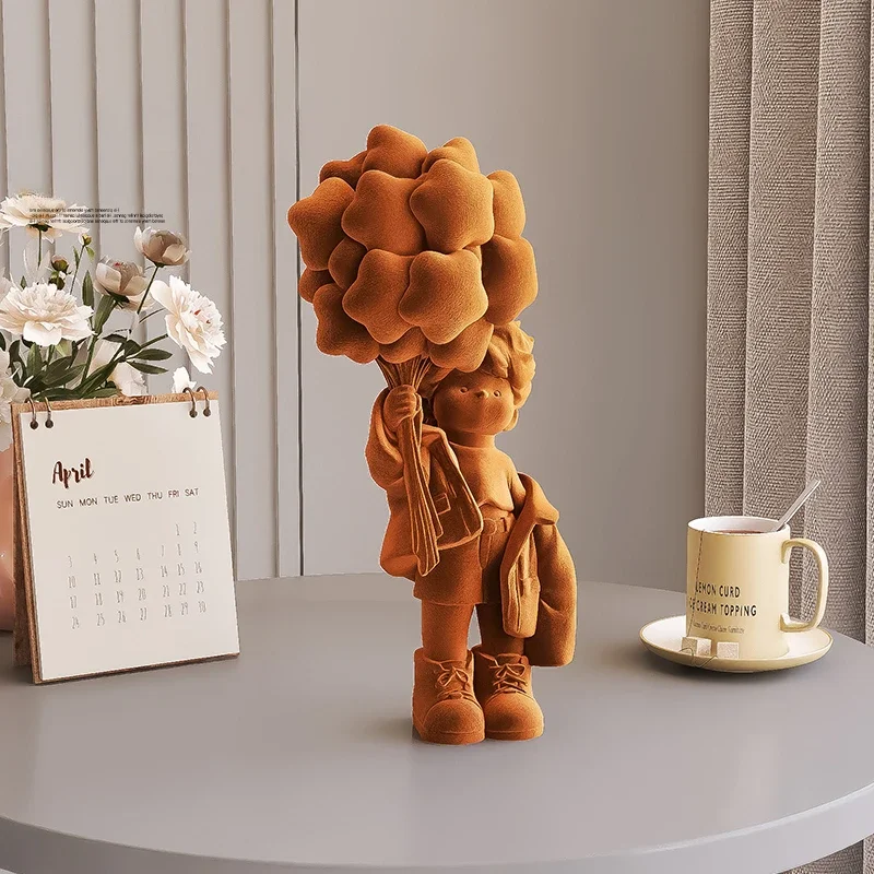 oo-Modern Home Decor Cartoon Boy Doll Sculpture Flocking Process Statue Living Wine Cabinet Foyer Table Decoration Accessories