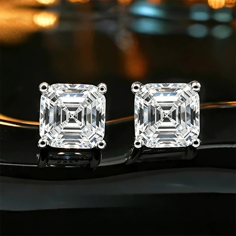 S925 Silver Ear Nail 2ct Cold Light Asche Square Zircon Four Claw Extremely Simple Square Sugar Earrings Commuter