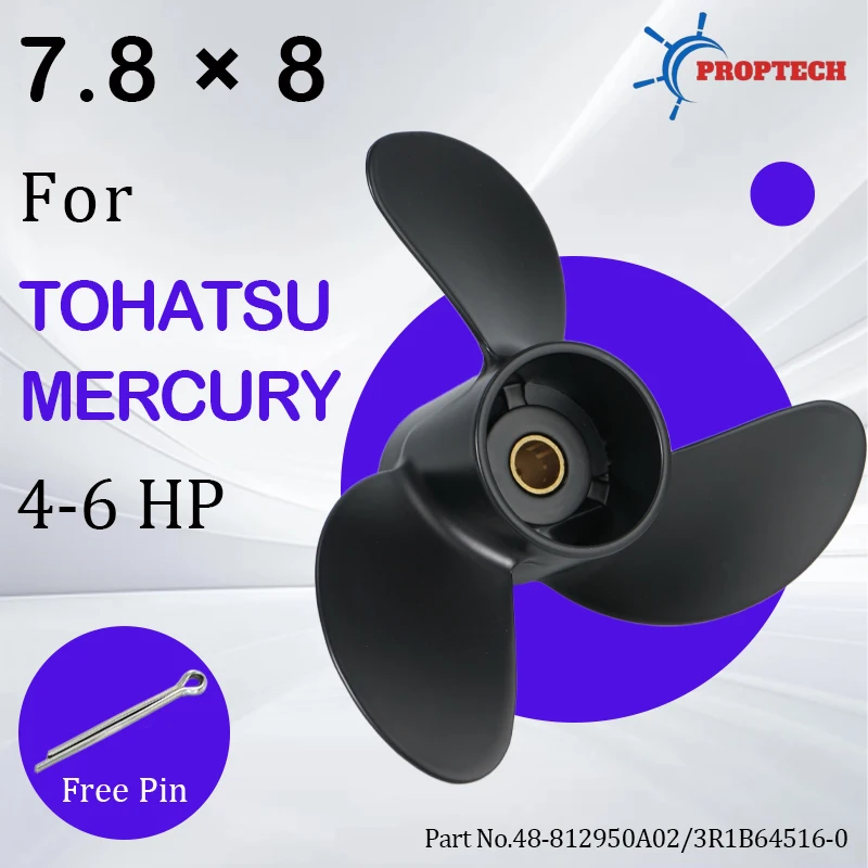 For Tohatsu Mercury 4hp 5hp 6hp 7.8*8 Outboard Propeller Boat Aluminum Alloy Screw 3R1W64516-0 3 Blade 12 Spline Ship Motor