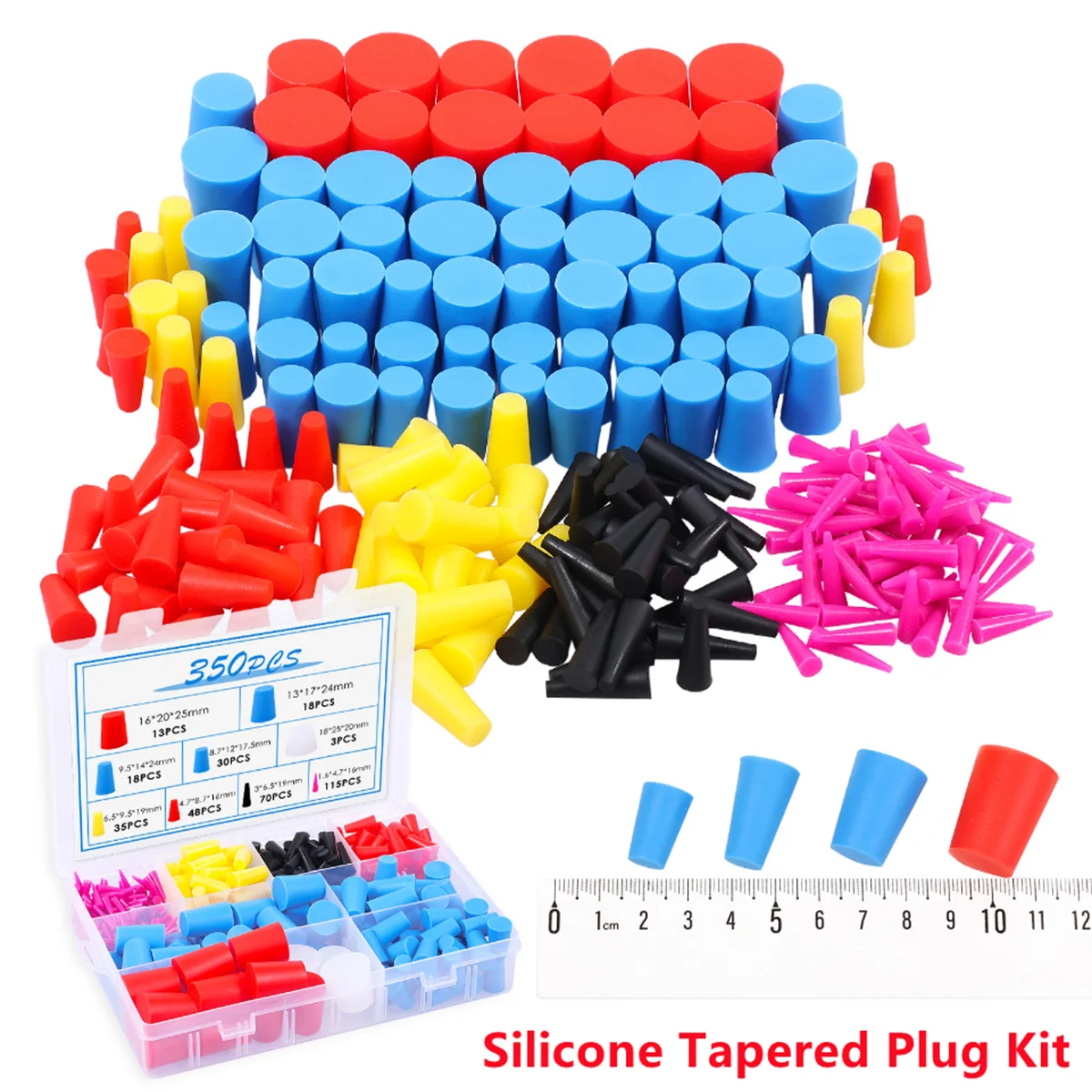 

350pcs 1/16inTo 3/4in High Temp Masking Plugs Powder Coating Silicone Rubber Tapered Plug Kit Multifunctional Car Accessories