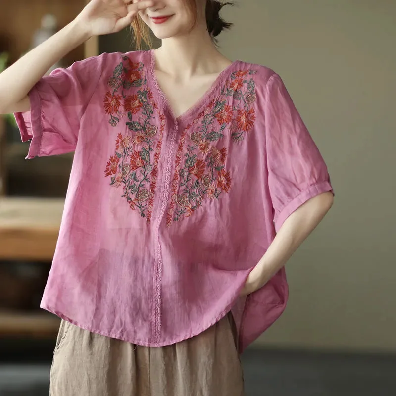 Ethnic Style Loose New Short Sleeved Summer Vintage Embroidery Large Size Appear Thin V-neck Chinese Style All-match T-shirt