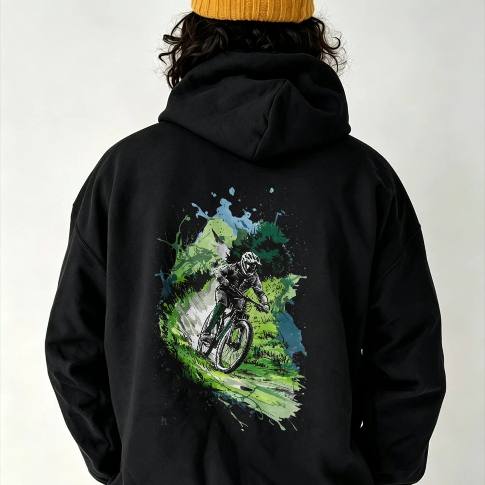 Mountain Biker Splash Art Graphic Hoodie Downhill MTB Rider Watercolor Splatter Print Sweatshirt Extreme Cycling Sports Tops