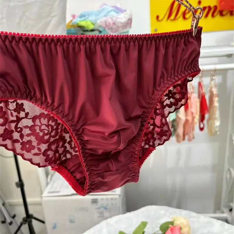 

Man's Rose Red Lace Lingerie Briefs BF Gifts Half Sheer Sexy Underpants Live Show Dance Costumes LGBQT Group FKK Party Panties