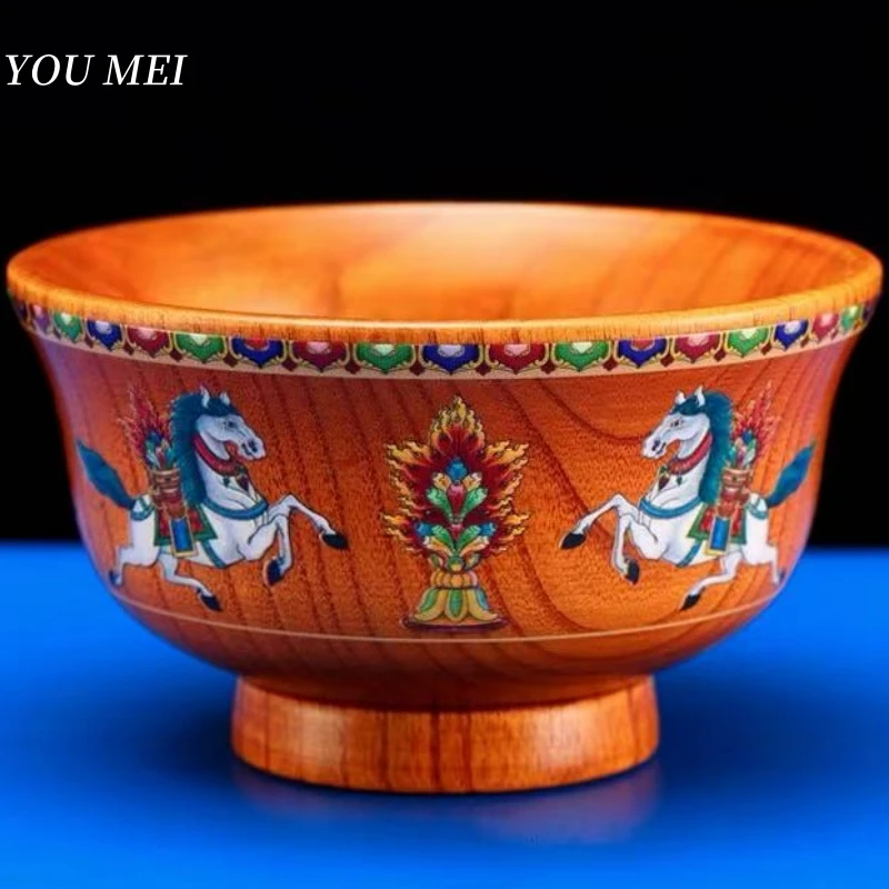 Multiple Pattern Altars Solid Wood Bowl,Buddhism Tribute Painting Exquisite Bowls,Tibetan Handicraft Holy Bowl Buddhist Item
