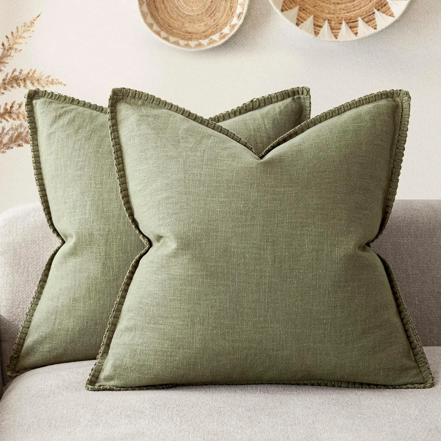 

Decorative Linen Farmhouse Throw Pillow Covers 24X24 Set Of 2,Neutral Modern Cushion Covers With Stitched Edge,Rustic Home