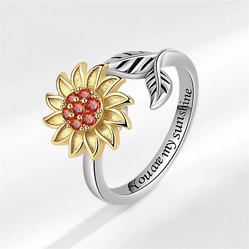 WYEAIIR Rotatable Reduce Pressure Sunflower Gold Art 925 Sterling Silver Resizable Opening Ring For Women Luxury Jewelry