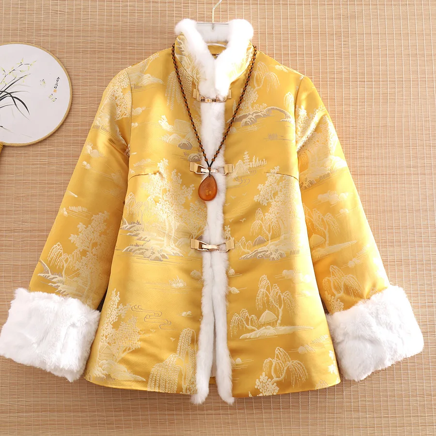 High-end Winter Women Jacket Top Chinese Style Hanfu Retro Jacquard Elegant Lady Warm Coat Female S-XXL