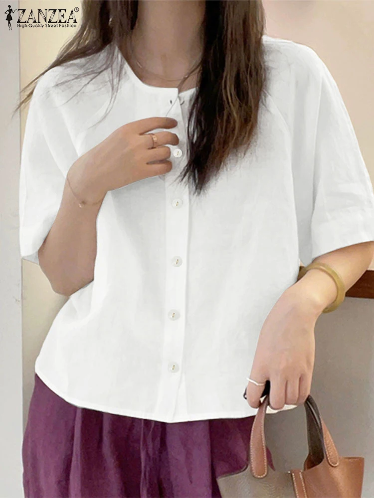 2025 Women Summer Shirts ZANZEA Elegant O Neck Short Sleeve Solid Work Blouse Casual Loose Cotton Tops Button Up Blusas Oversize - Image 5