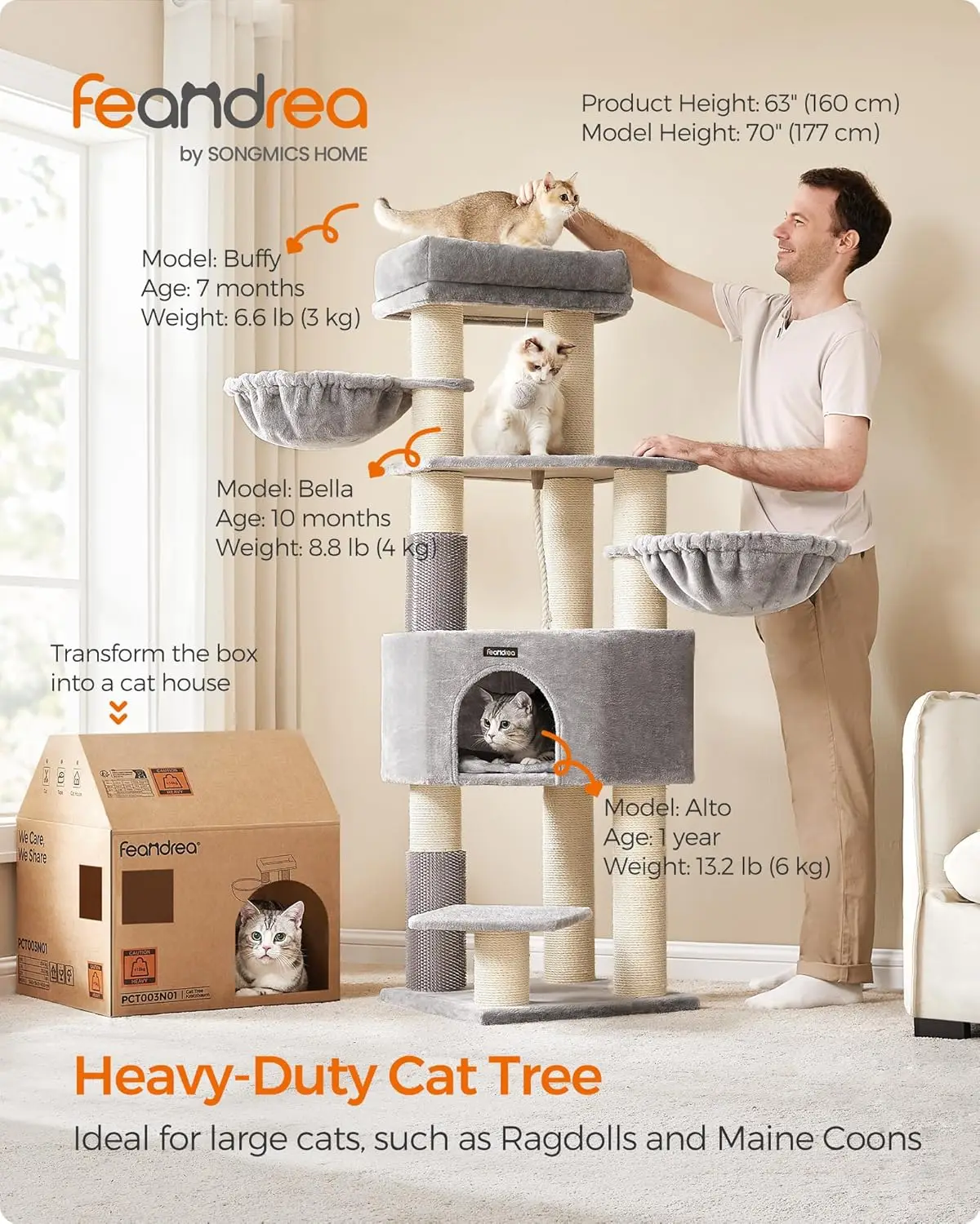 Cat Tree for Large Cats, 63-Inch Heavy-Duty Cat Tower with Self-Warming Pads, 2 Self-Groomers, 9 Scratching Posts