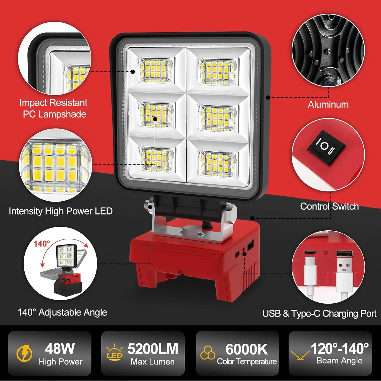 Portable LED Work Light Cordless Emergency Camping Job Site Spotlight 6000K Rechargeable Fish Floodlight for Milwaukee Battery