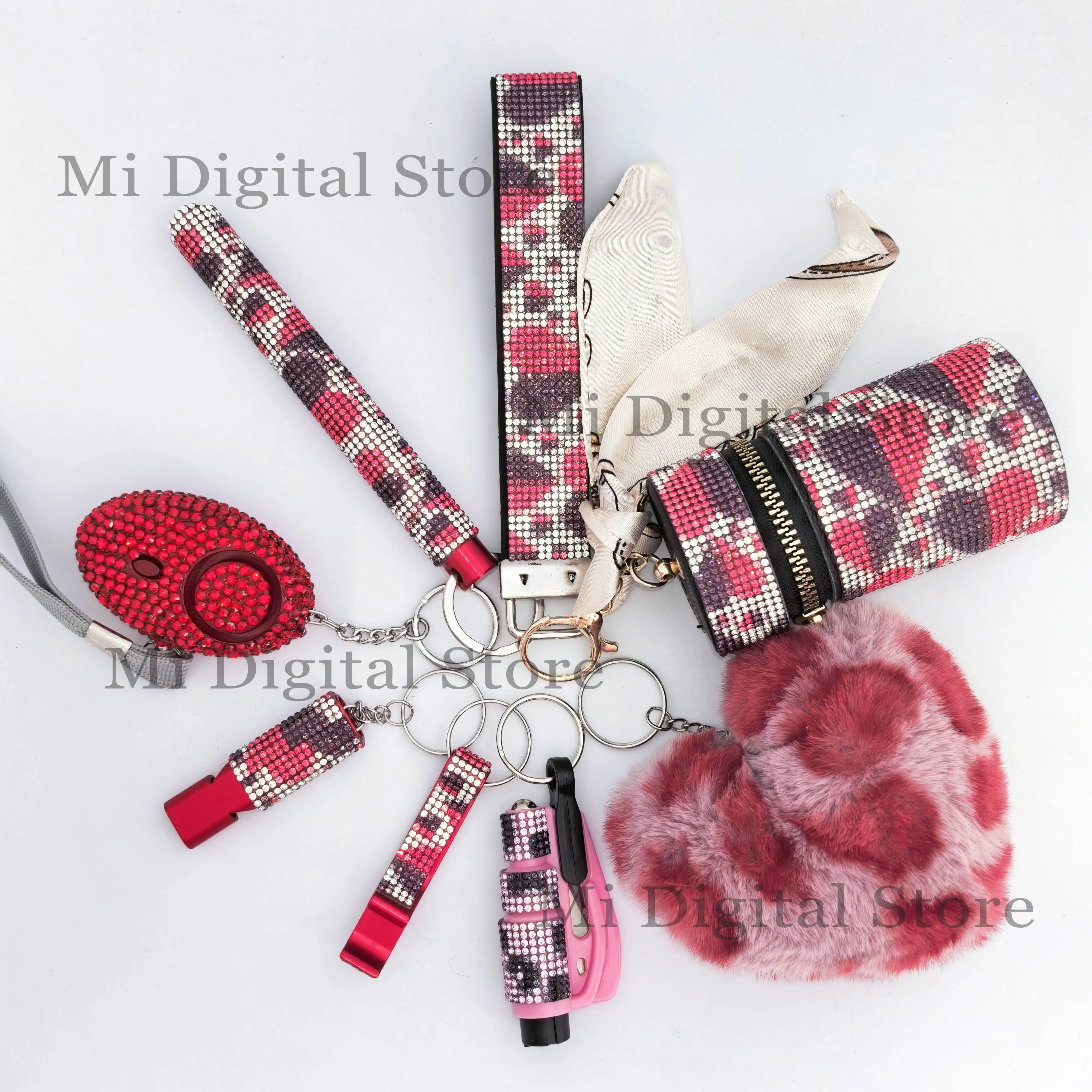 LLavero de autodefensa con diamantes de imitación para mujer, conjunto de alarma, llavero de defensa de seguridad, conjunto de autodefensa a granel