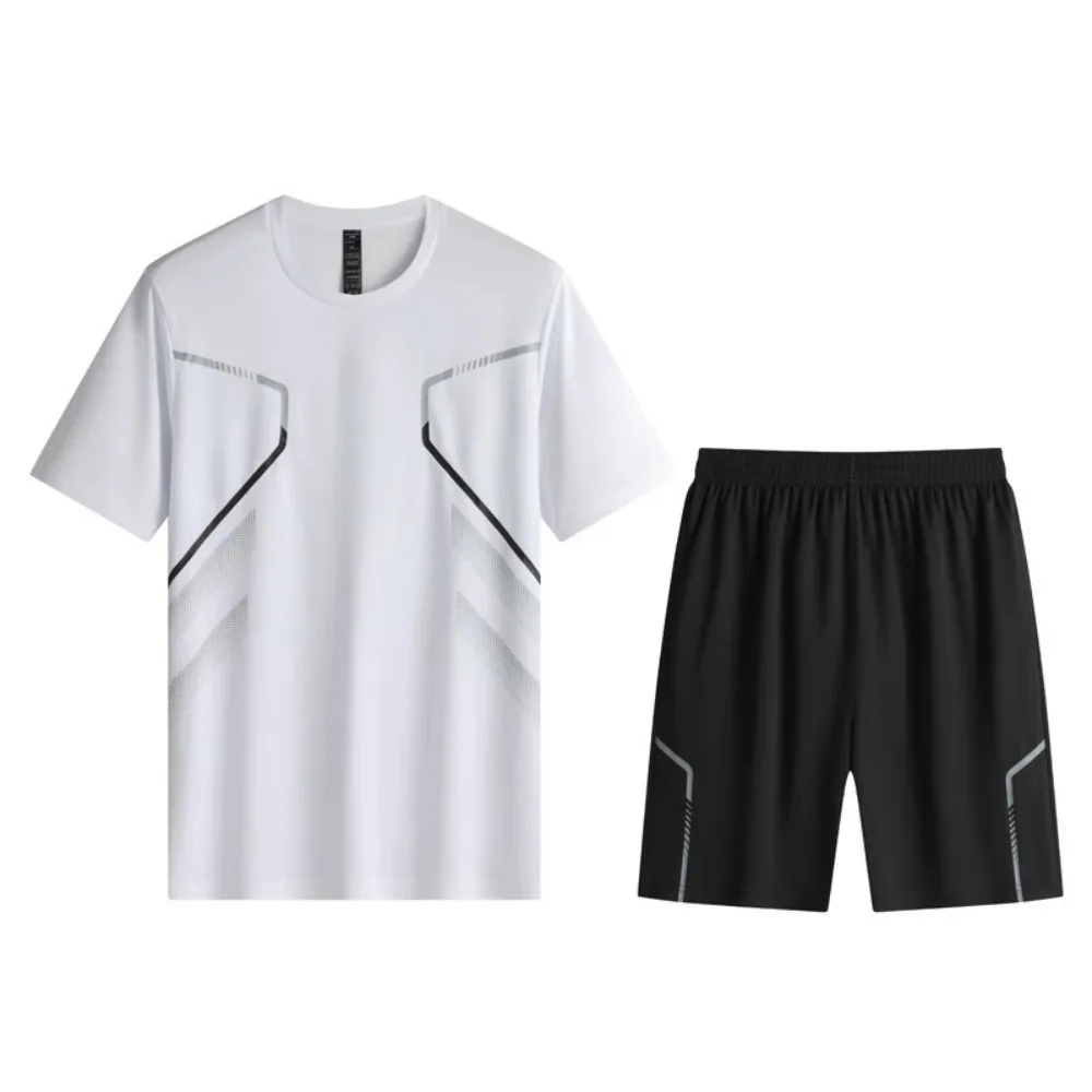

Stripe Short Sleeve T-shirt Sets Breathable Runnning Summer Sport Costume Clothing Sportswear Quick Dry Sports Suit Men