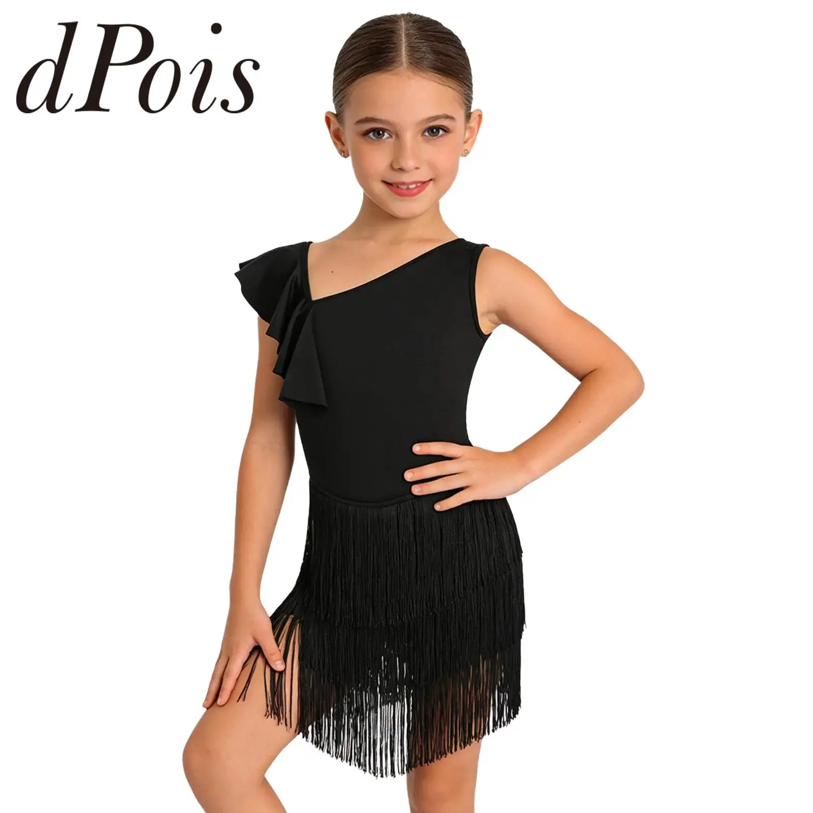 

Kids Samba Fringe Dress Competition Dress Girls Asymmetrical Ruffle Latin Dance Costume Performance Fringe Ballroom Dancewear