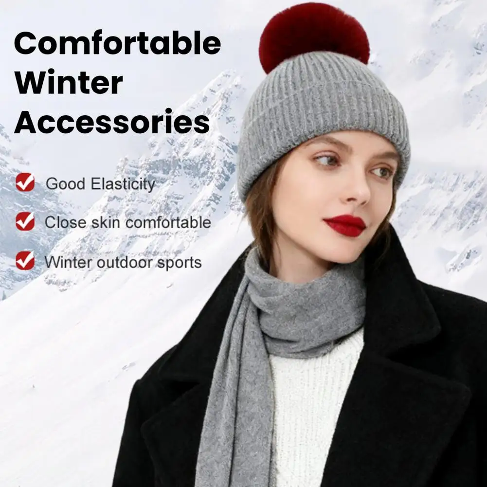 Thickened Warm Hat Scarf Gloves Women Winter Hat Scarf Gloves Set with Plush Ball Elastic Knitting Long Warm Scarf Touch Screen