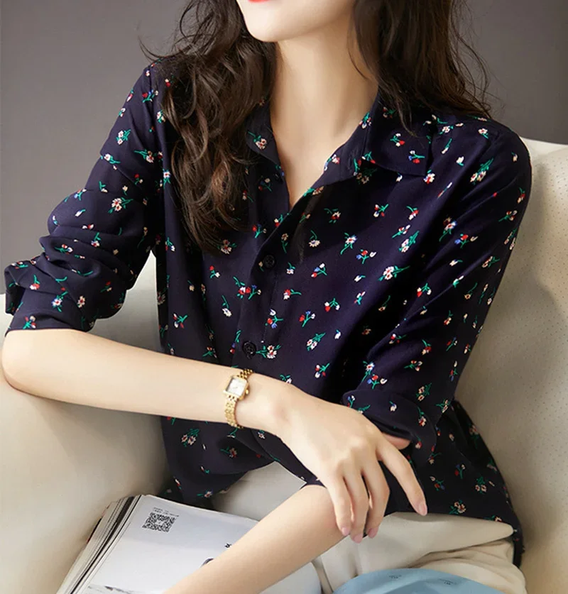 chemise Floral Print Women Blouse Autumn Long Sleeve Lapel Casual Shirt Office Lady Blusas  Fashion Korean Tops 셔츠 & 블라우스