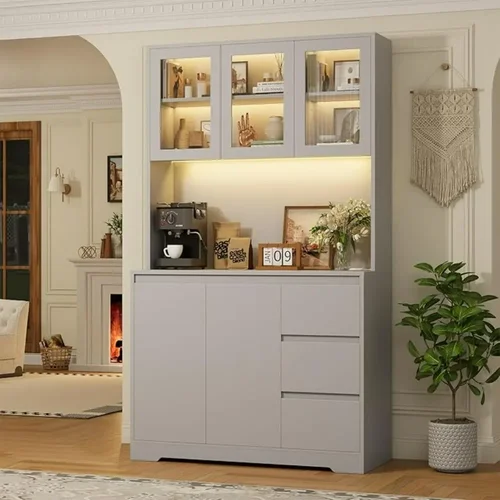 주방 캐비닛, LED 조명 및 충전 스테이션, 보관 및 전자 레인지 스탠드가 있는 주방 허치 캐비닛, 가정용 주방 캐비닛 