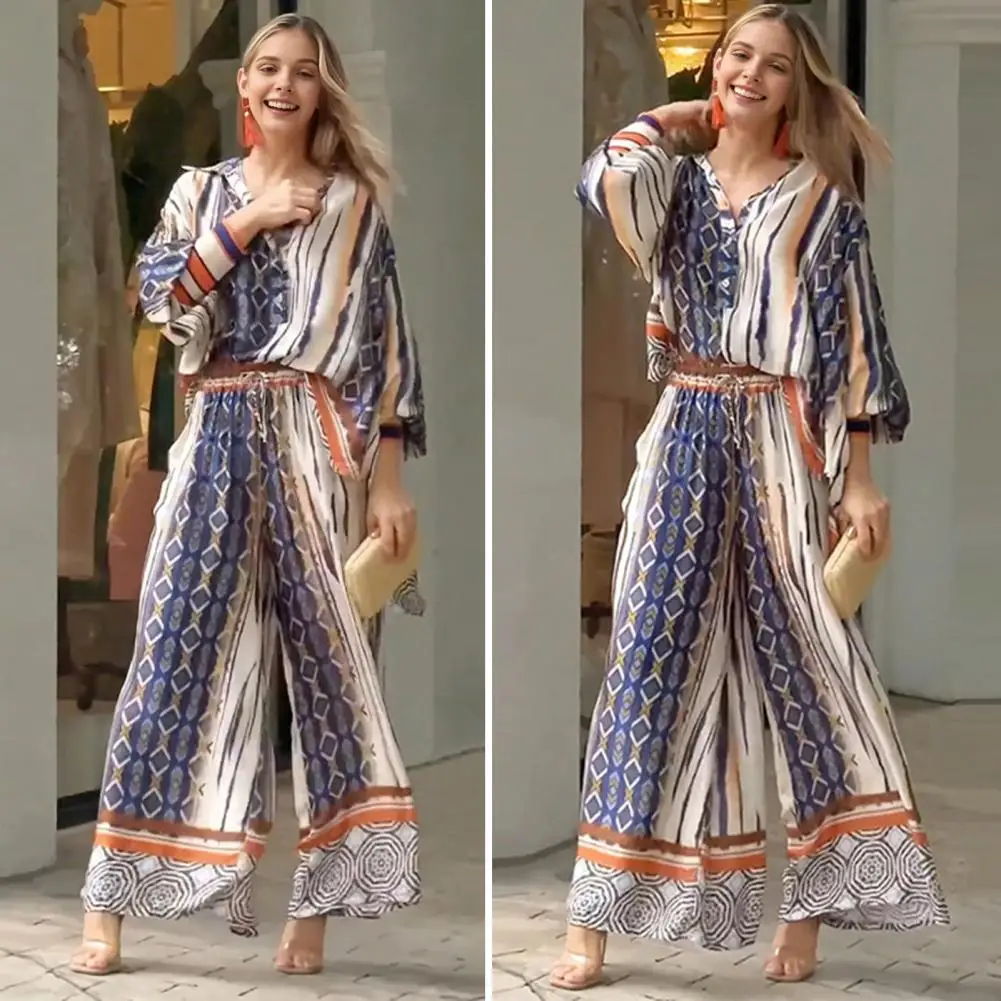 Women's Casual Wear Lapel Single Breasted Long Sleeve Shirt High Waist Wide Leg Striped Pants Bohemian Beach Casual Wear