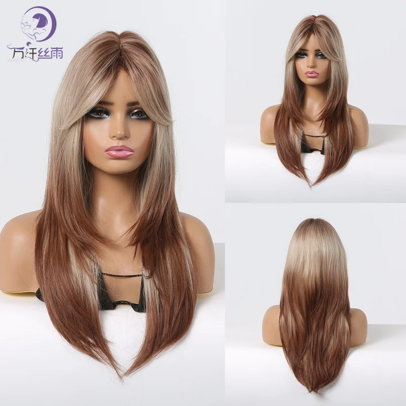 Women's gradient brown, 60cm long curly hair side-parted bangs synthetic fiber wig