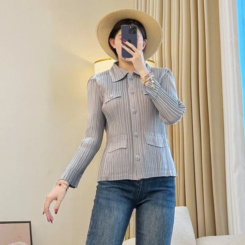 

Осенняя рубашка Miyake, женская новая плиссированная куртка, однобортная короткая темпераментная блузка с длинными рукавами, простая эластичная пригородная блузка