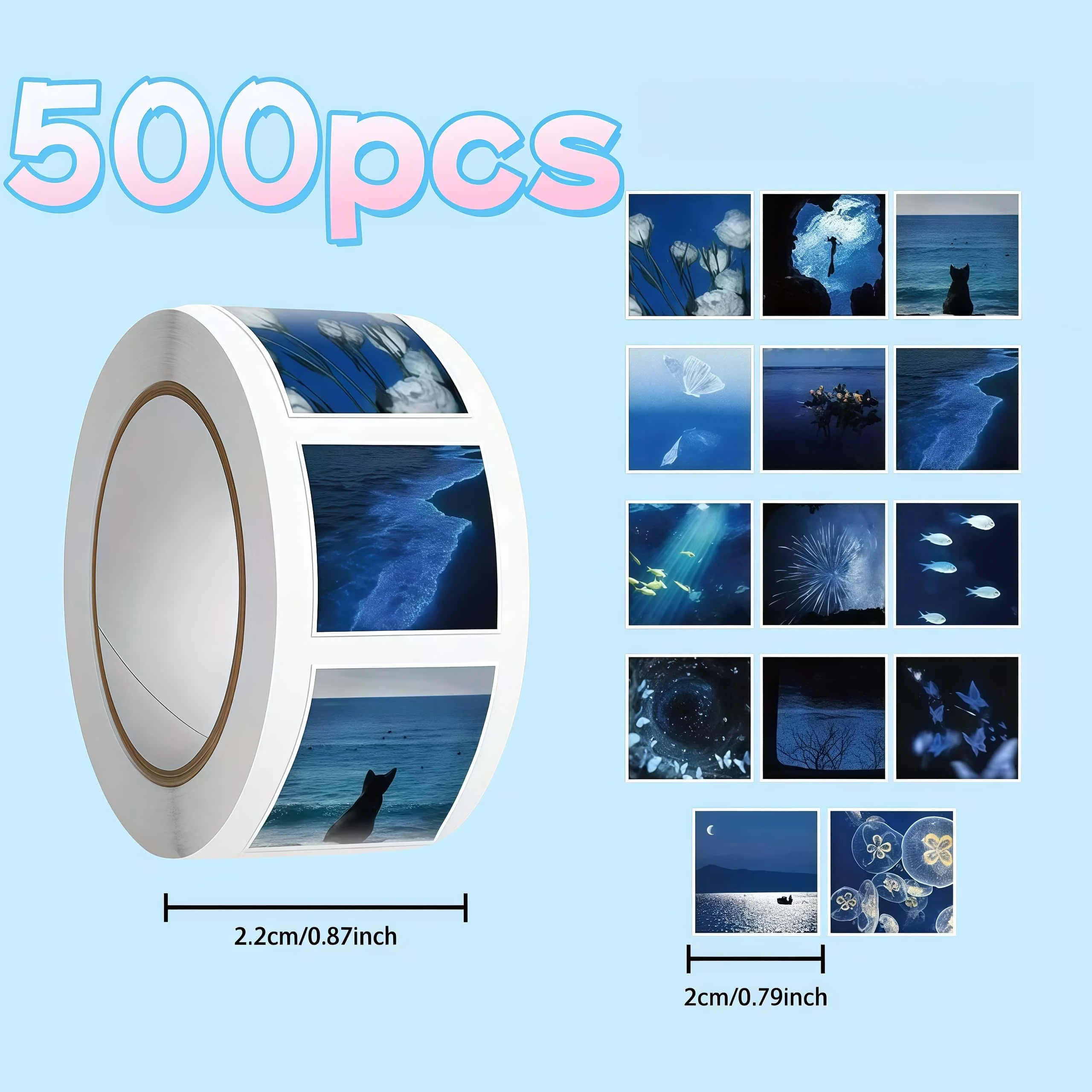 

500 шт./рулон Ins - стильные синие - тонированные наклейки с пейзажами, эстетические наклейки с природой и океаном для DIY, журнала и декора подарков