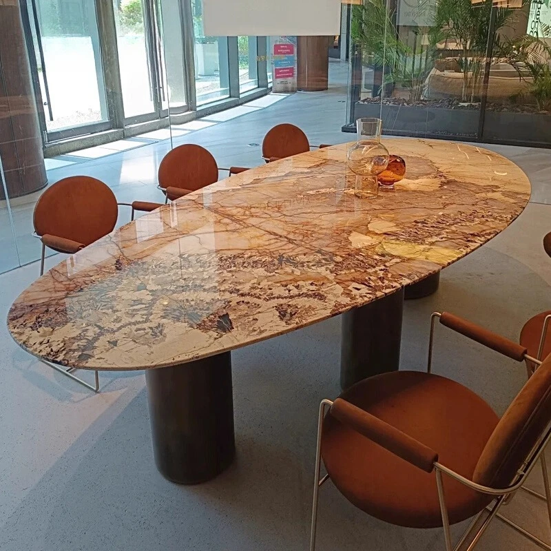 

yj57 Italian light luxury water drop-shaped Pandora natural marble dining table high-end designer oval