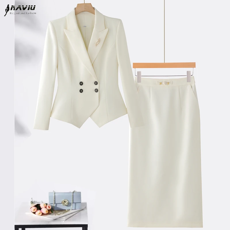 بدلة نسائية مزدوجة الصدر من NAVIU مكونة من قطعتين سترة أنيقة بأكمام طويلة وتنورة بطول ملابس عمل احترافية باللون البيج #1