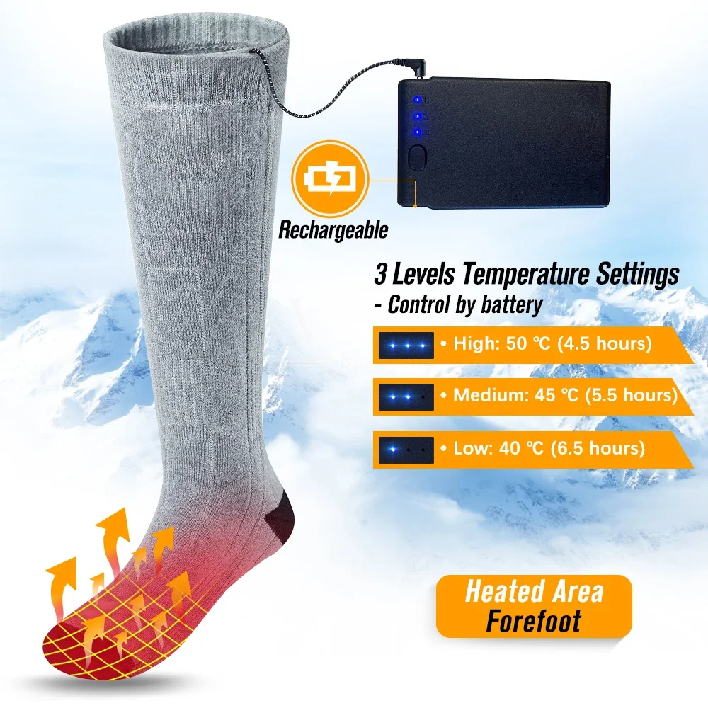 Thick outdoor ski thermal 3.7V electric rechargeable battery heated hiking coal crew socks wool hiking sock with heat for winter