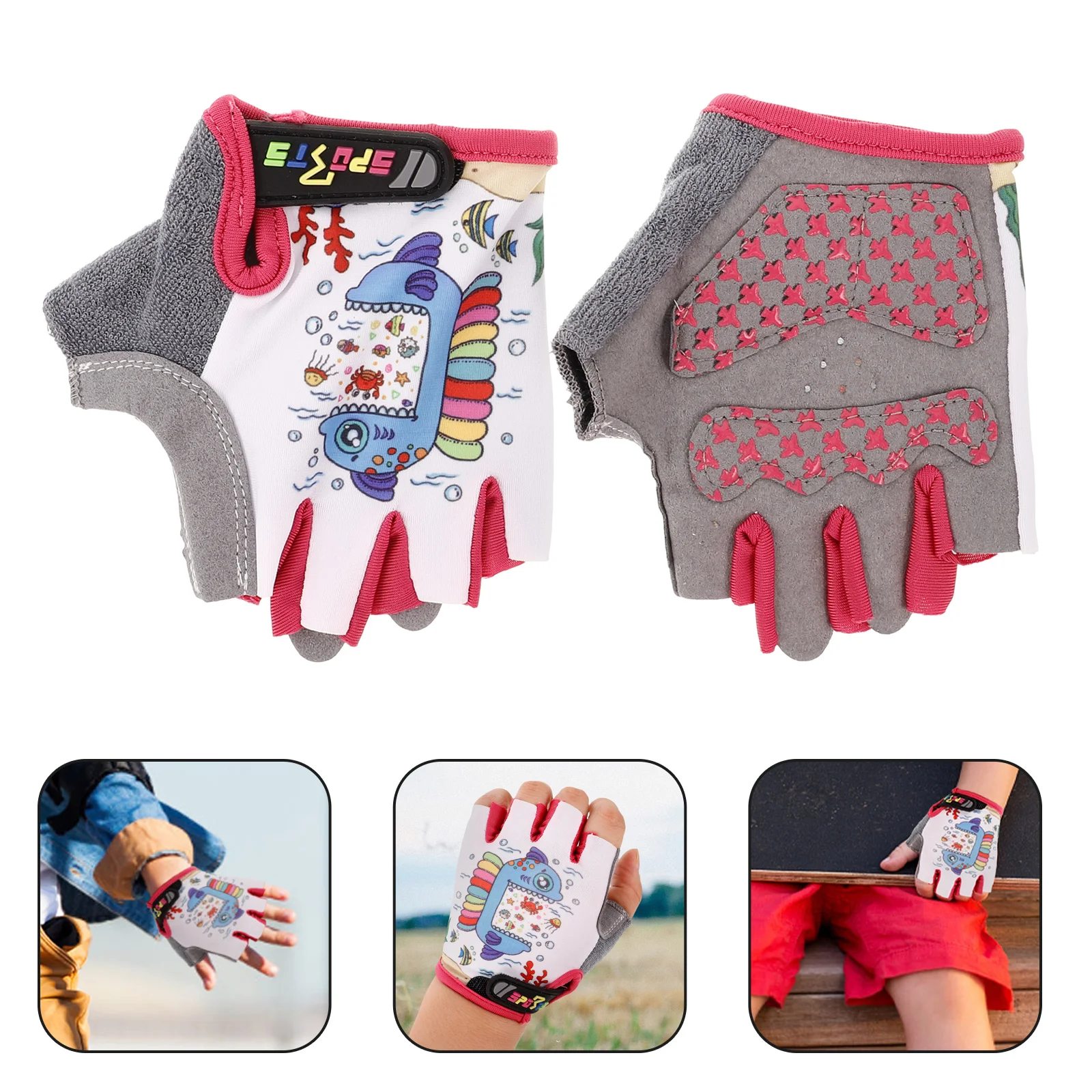 

Kids Fingerless Pink Fish Pattern Cycling Motorcycle Gloves Outdoor Slip-Proof Windproof Biking Riding Guard Gloves For